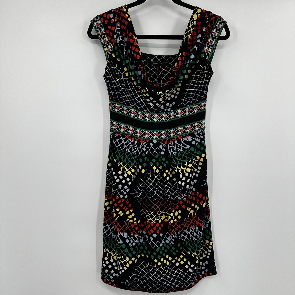 BCBGMAXAZRIA Geometric Mosaic Art Deco Cowl Neck Cap Sleeve Sheath Dress XS Bold